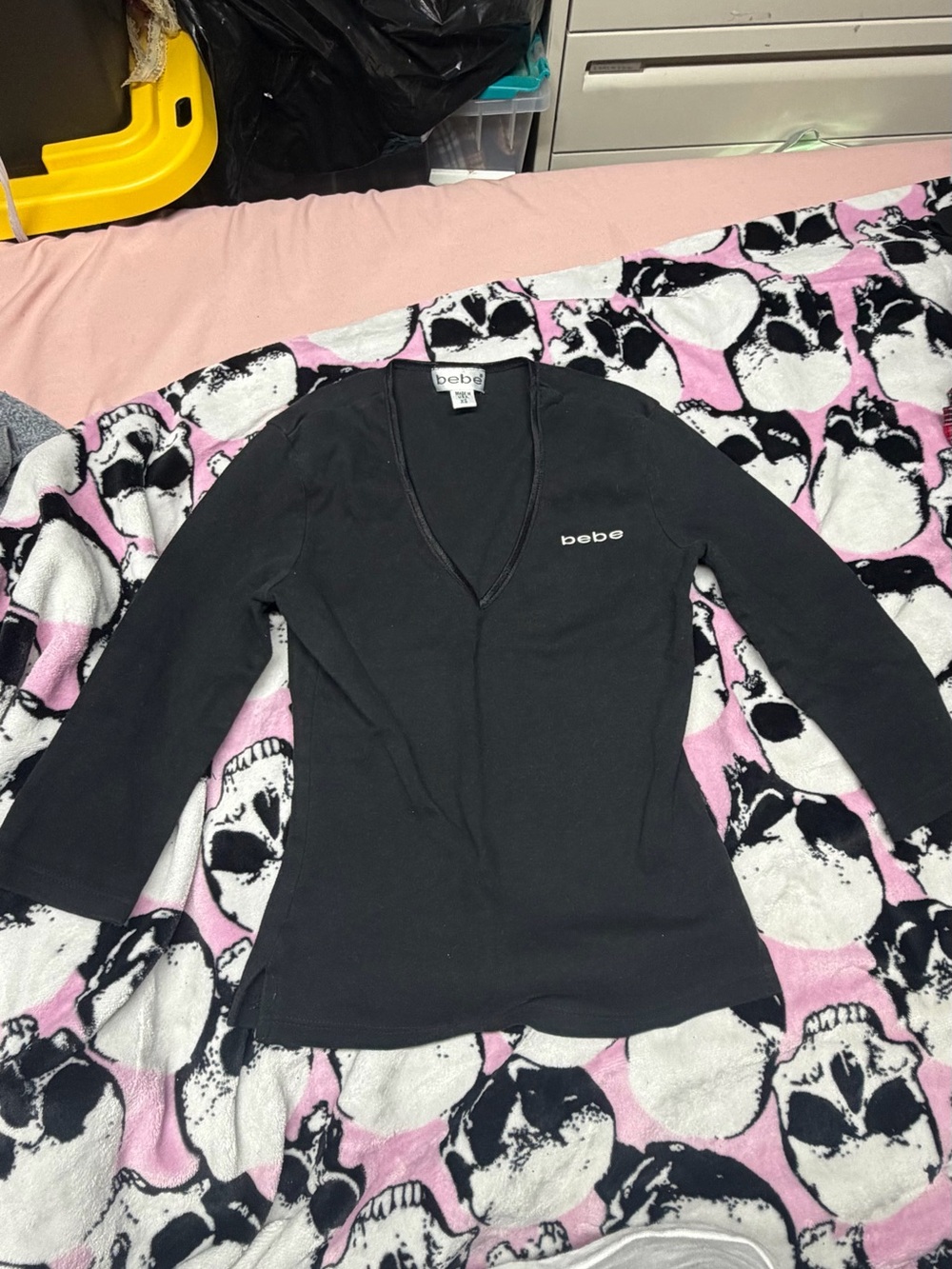 bebe Black V-Neck Long Sleeve Top with Logo